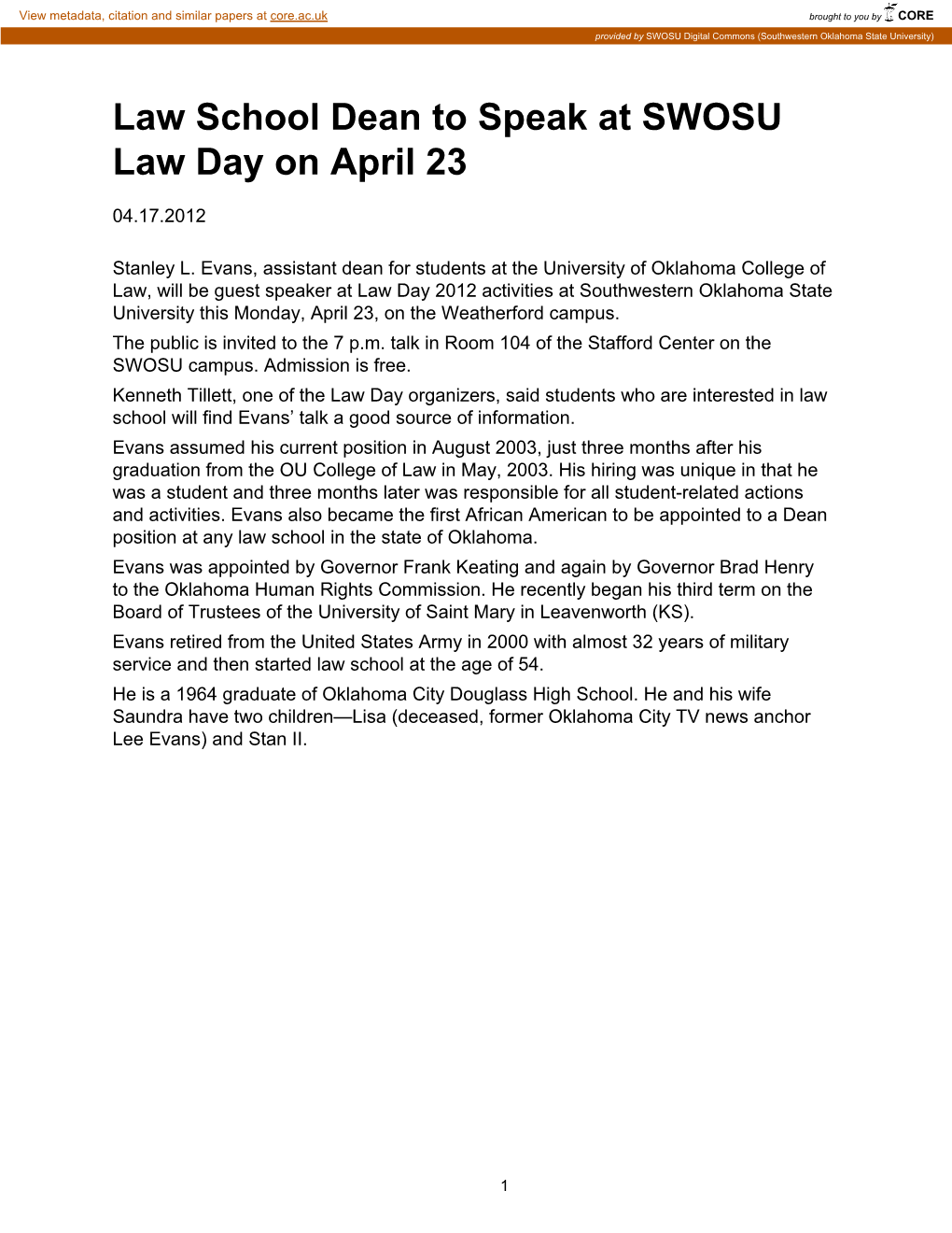 04-17-2012 Law School Dean to Speak at SWOSU Law