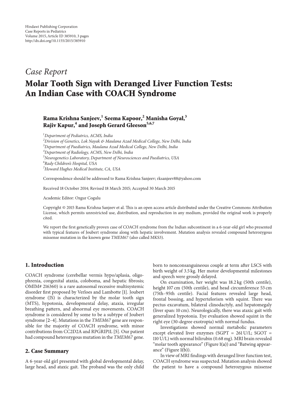 Case Report Molar Tooth Sign with Deranged Liver Function Tests: an Indian Case with COACH Syndrome