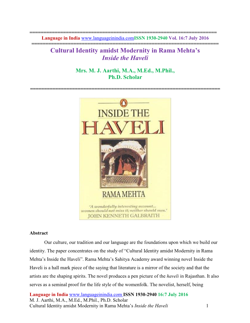 Cultural Identity Amidst Modernity in Rama Mehta's Inside the Haveli