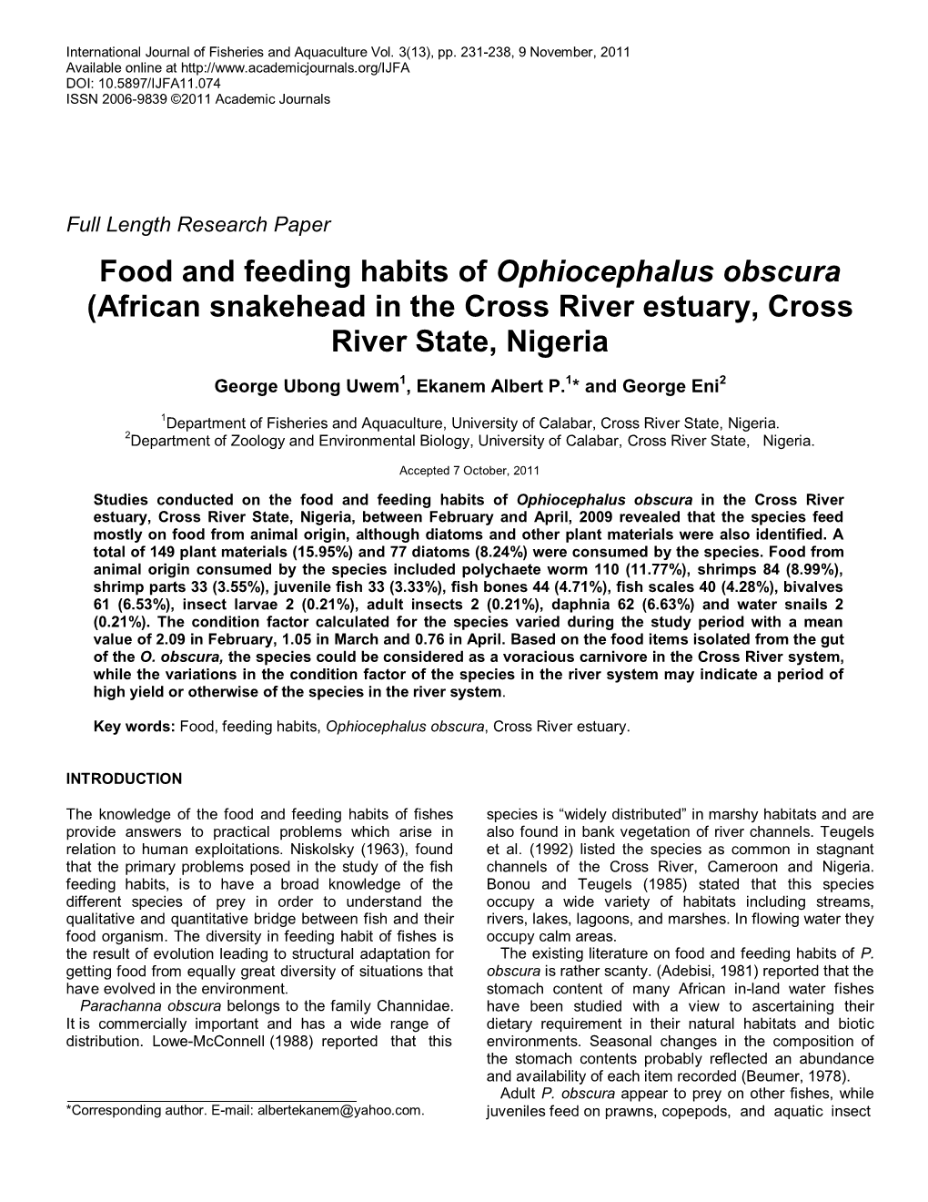 Food and Feeding Habits of Ophiocephalus Obscura (African Snakehead in the Cross River Estuary, Cross River State, Nigeria