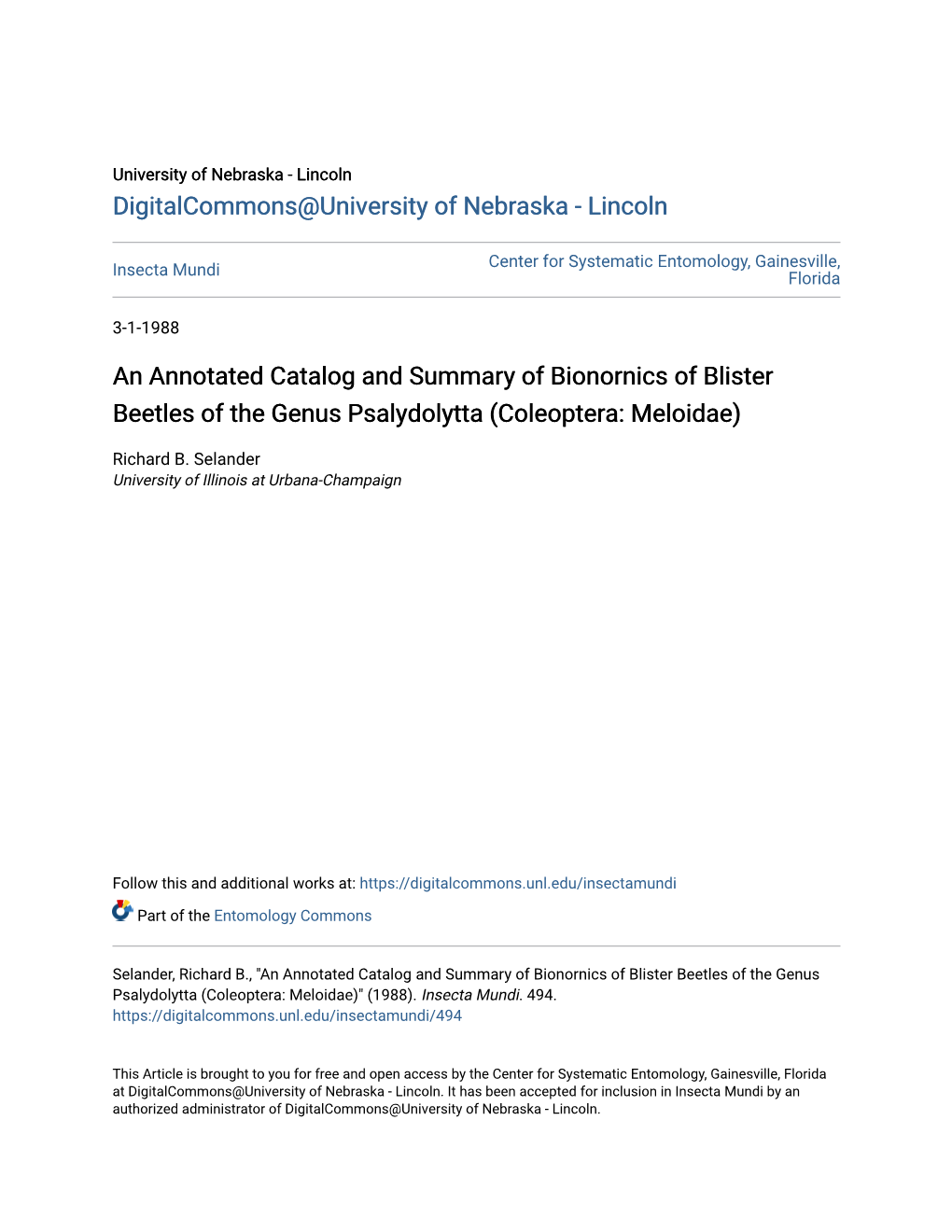 An Annotated Catalog and Summary of Bionornics of Blister Beetles of the Genus Psalydolytta (Coleoptera: Meloidae)