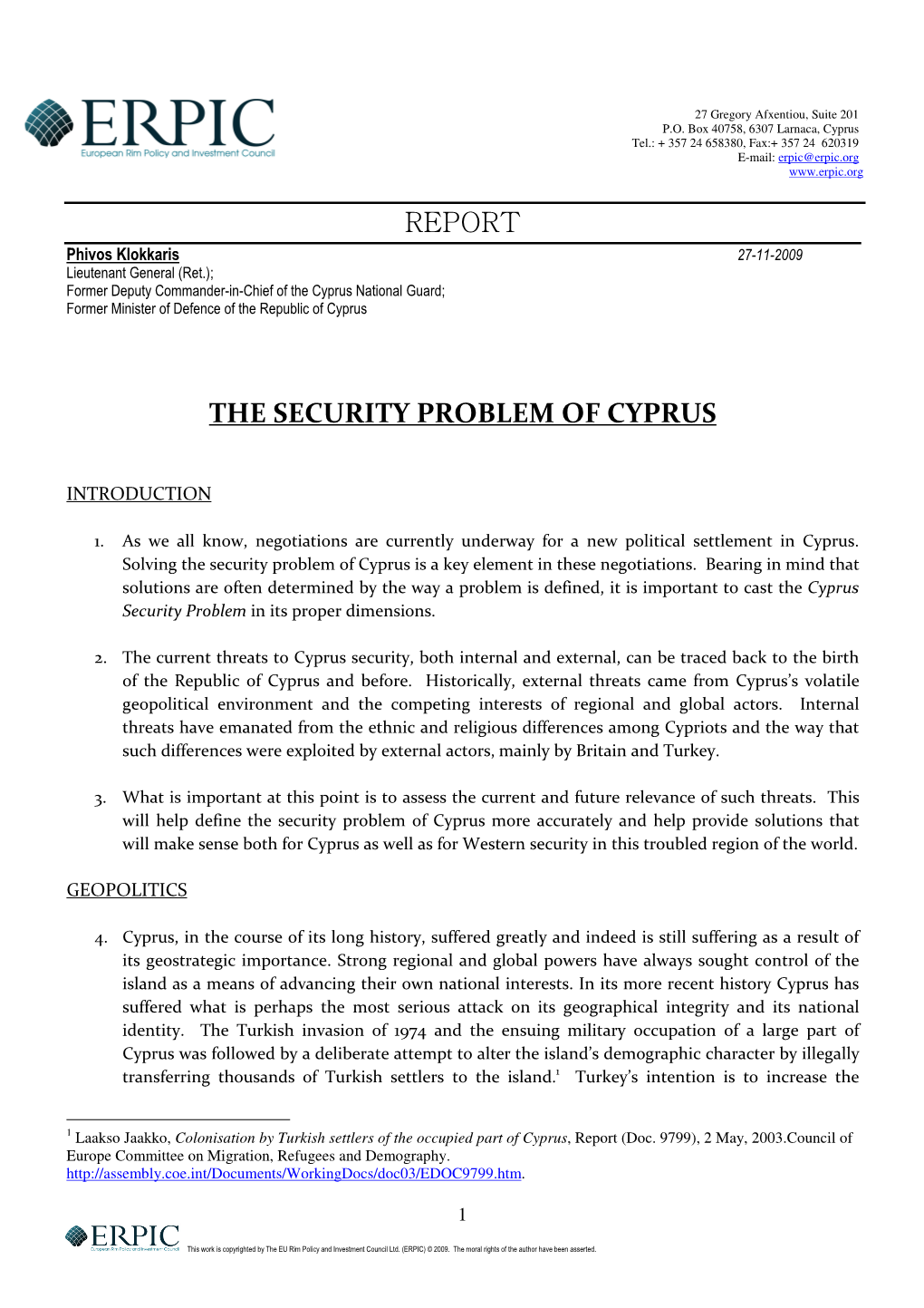 Report the Security Problem of Cyprus