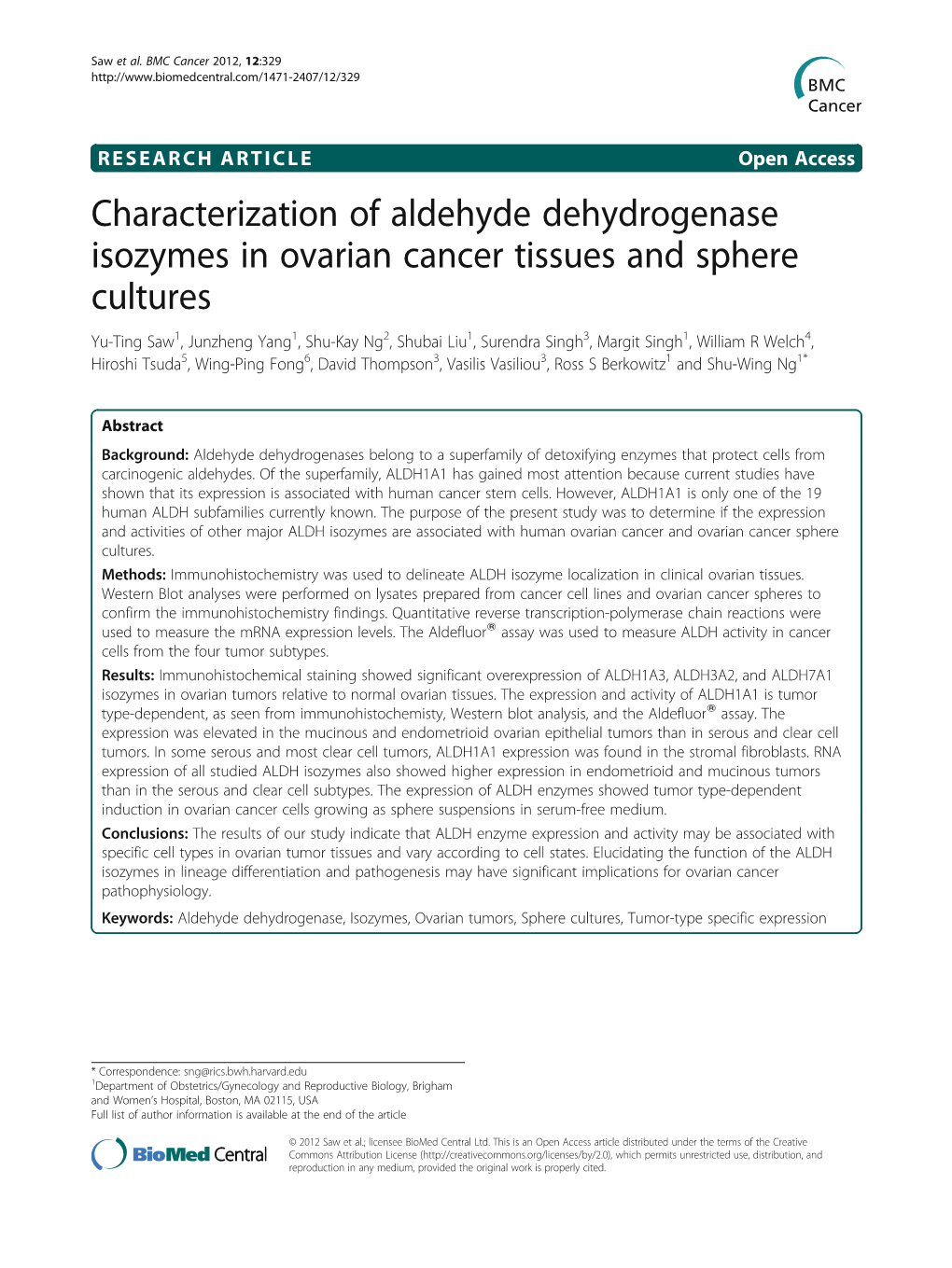 Characterization of Aldehyde Dehydrogenase Isozymes In