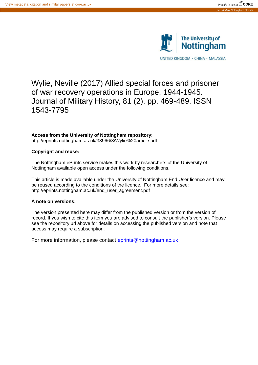 Wylie, Neville (2017) Allied Special Forces and Prisoner of War Recovery Operations in Europe, 1944-1945. Journal of Military History, 81 (2)