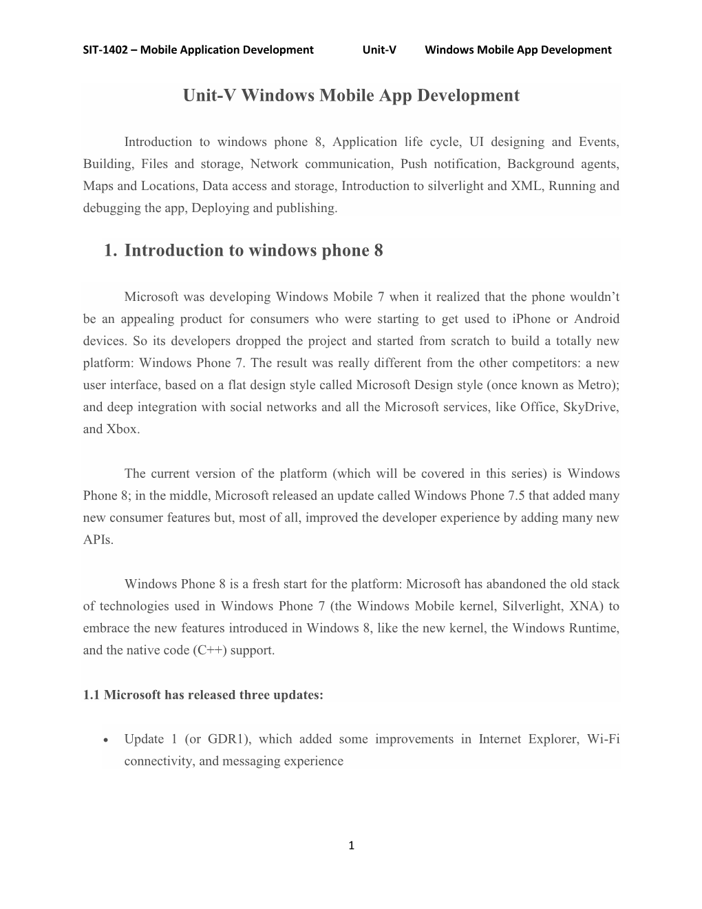Unit-V Windows Mobile App Development 1