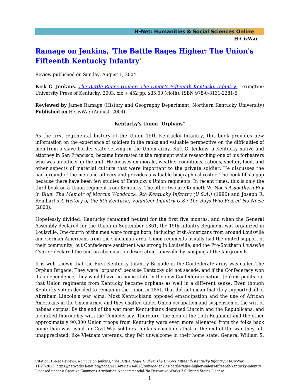 Ramage on Jenkins, 'The Battle Rages Higher: the Union's Fifteenth Kentucky Infantry'