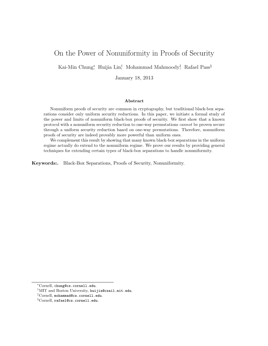 On the Power of Nonuniformity in Proofs of Security