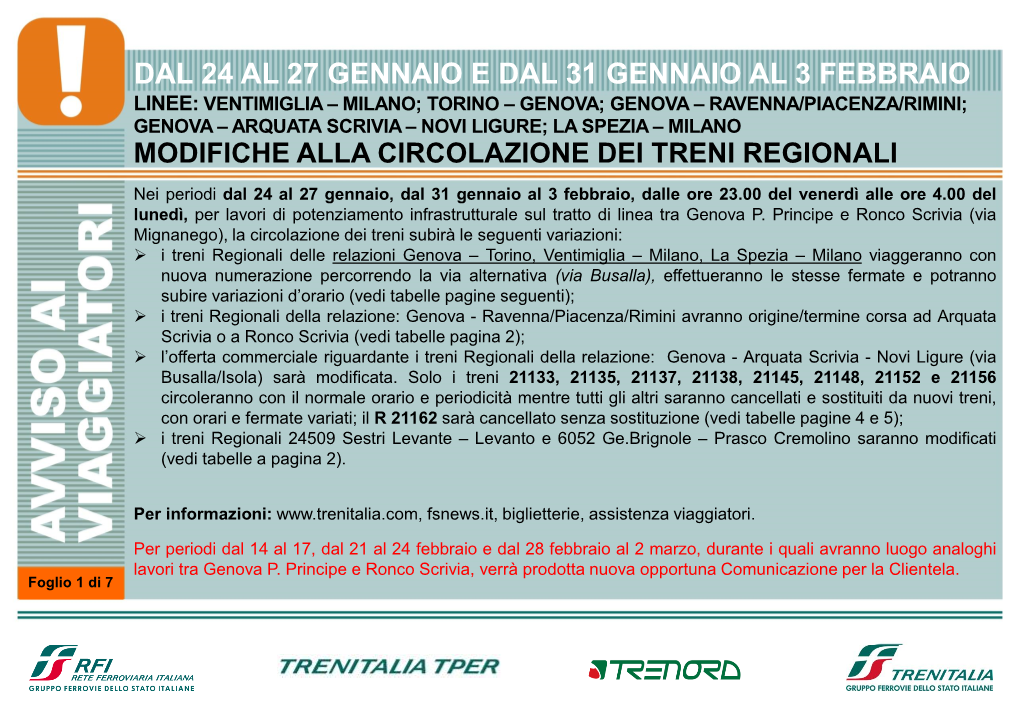 Genova – Arquata Scrivia – Novi Ligure; La Spezia – Milano Modifiche Alla Circolazione Dei Treni Regionali