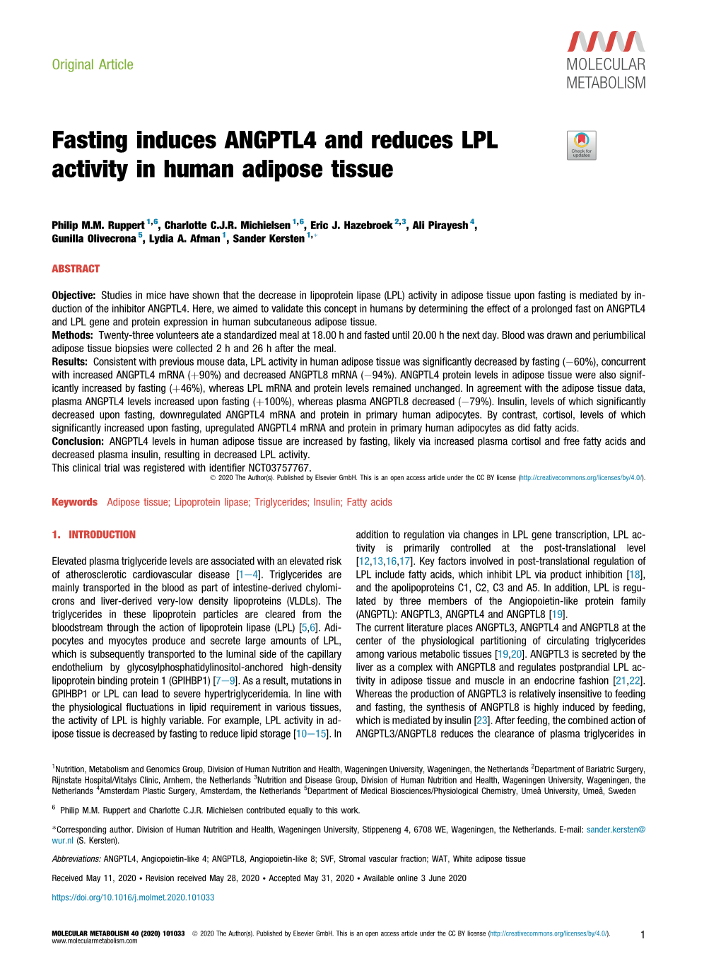 Fasting Induces ANGPTL4 and Reduces LPL Activity in Human Adipose Tissue