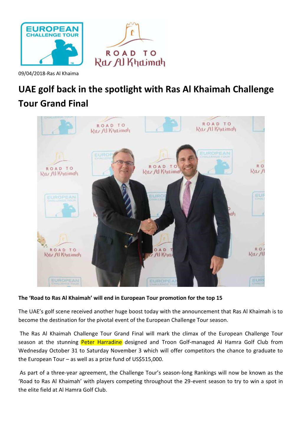 UAE Golf Back in the Spotlight with Ras Al Khaimah Challenge Tour Grand Final
