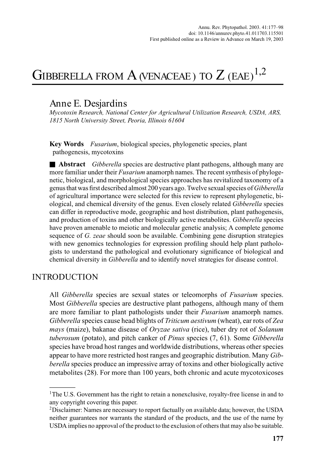 GIBBERELLA from a (VENACEAE ) to Z (EAE)1,2 Anne E. Desjardins