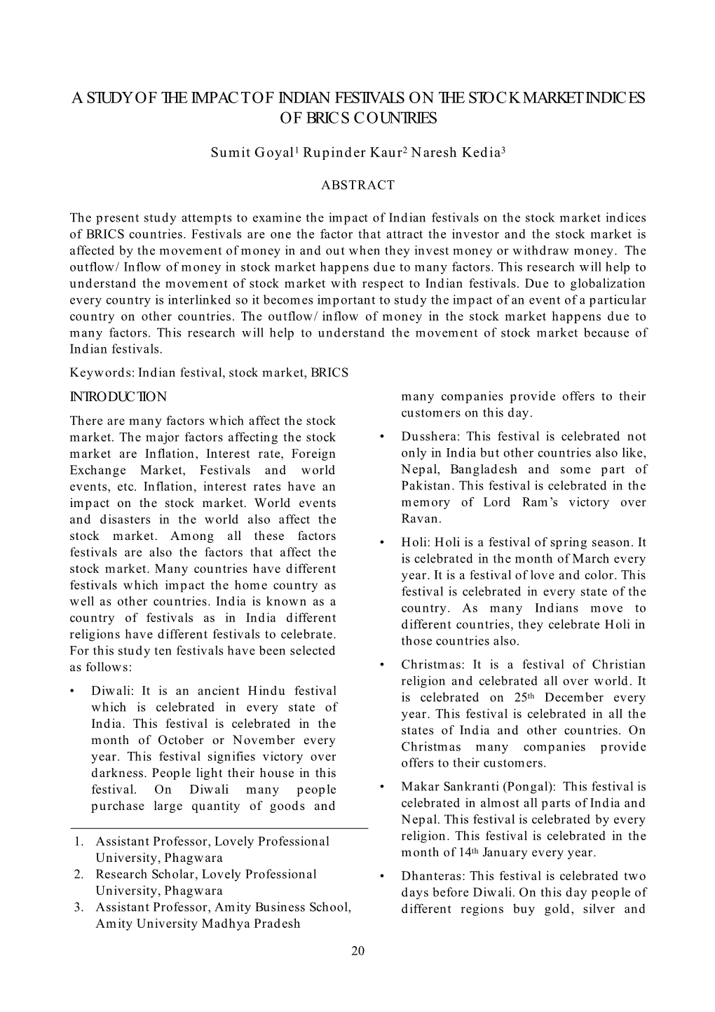 A Study of the Impact of Indian Festivals on the Stock Market Indices of Brics Countries