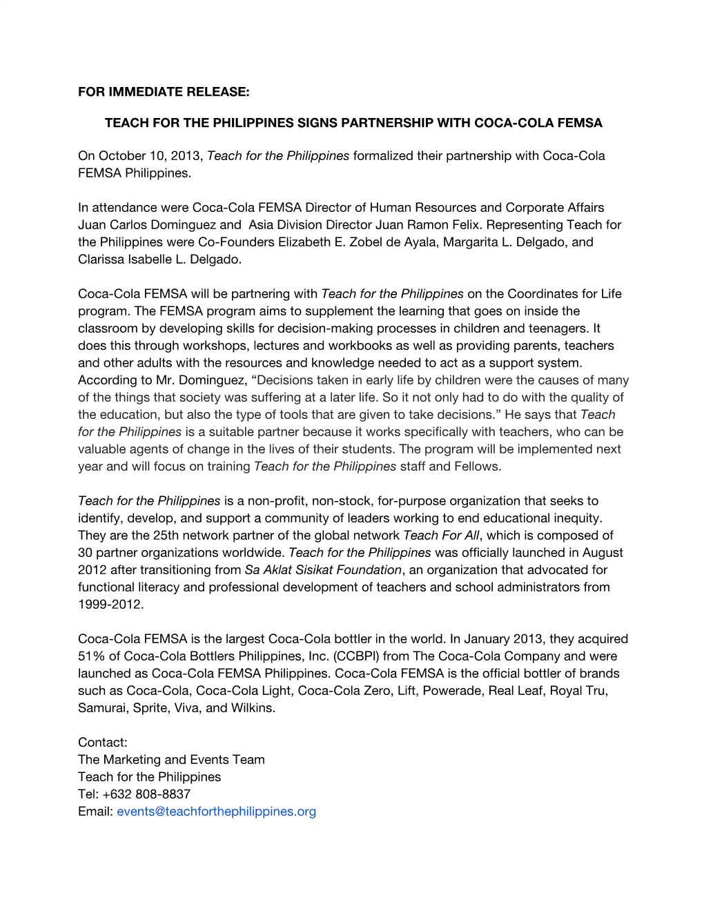 For Immediate Release: Teach for the Philippines Signs