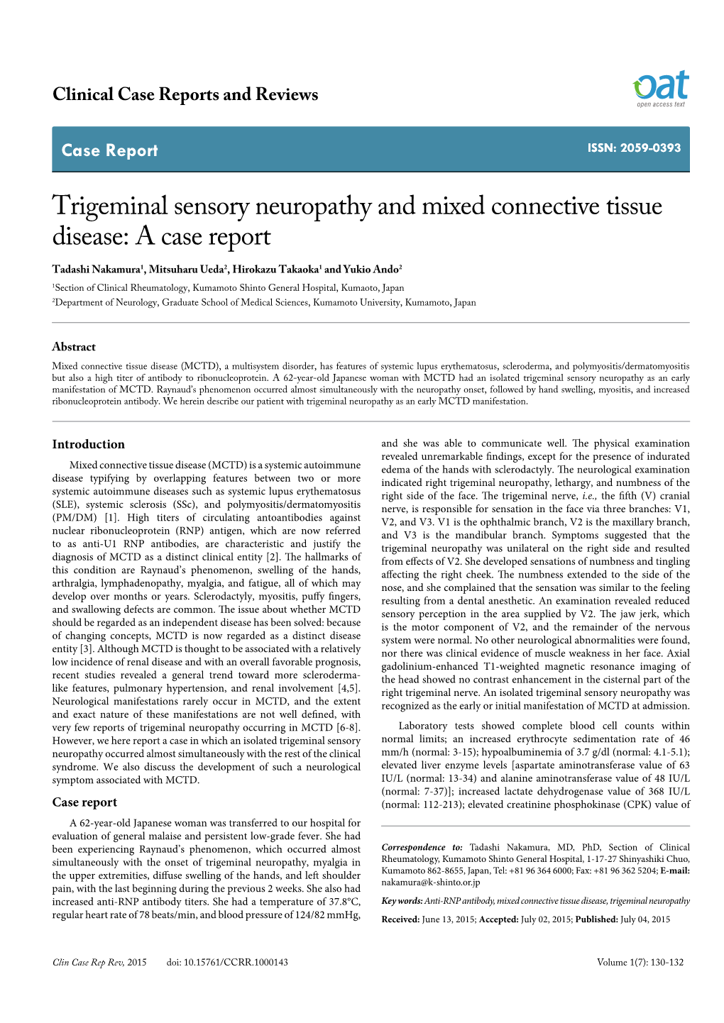 Trigeminal Sensory Neuropathy and Mixed Connective Tissue Disease