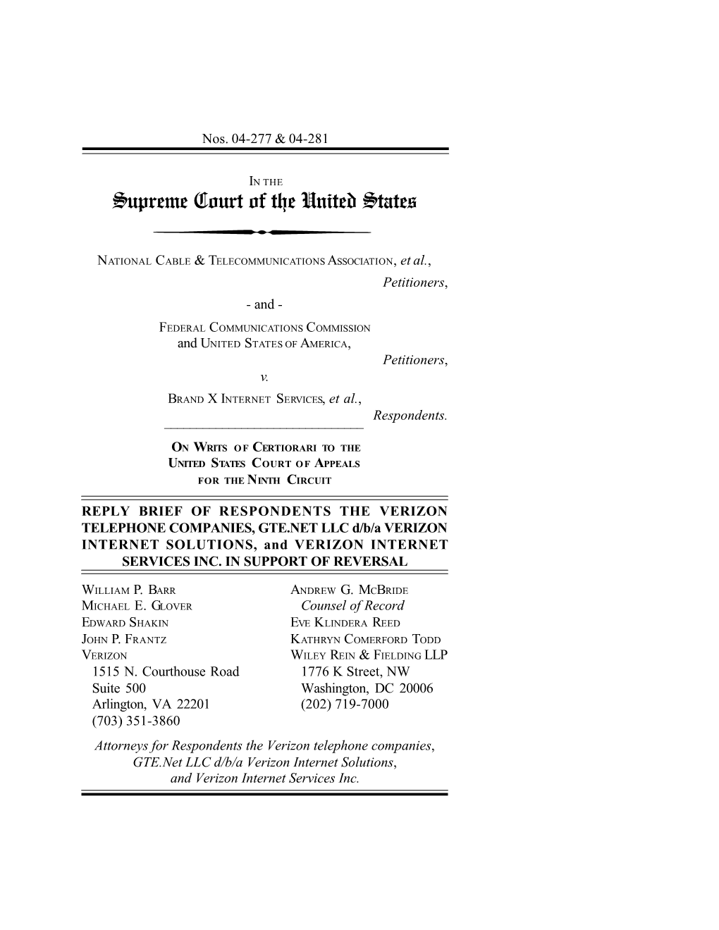 Reply Brief for Respondents the Verizon Telephone Cos. Et Al. In