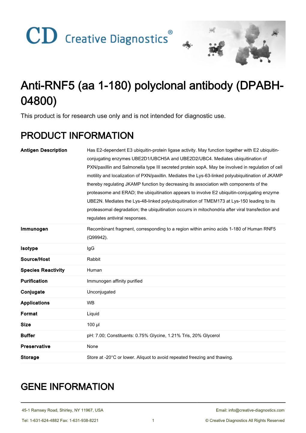 Anti-RNF5 (Aa 1-180) Polyclonal Antibody (DPABH- 04800) This Product Is for Research Use Only and Is Not Intended for Diagnostic Use