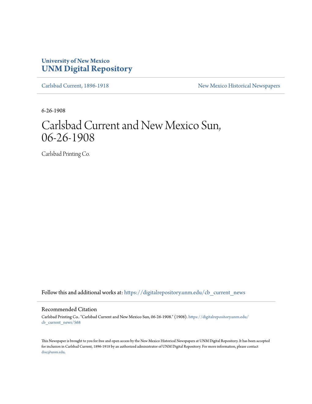 Carlsbad Current and New Mexico Sun, 06-26-1908 Carlsbad Printing Co