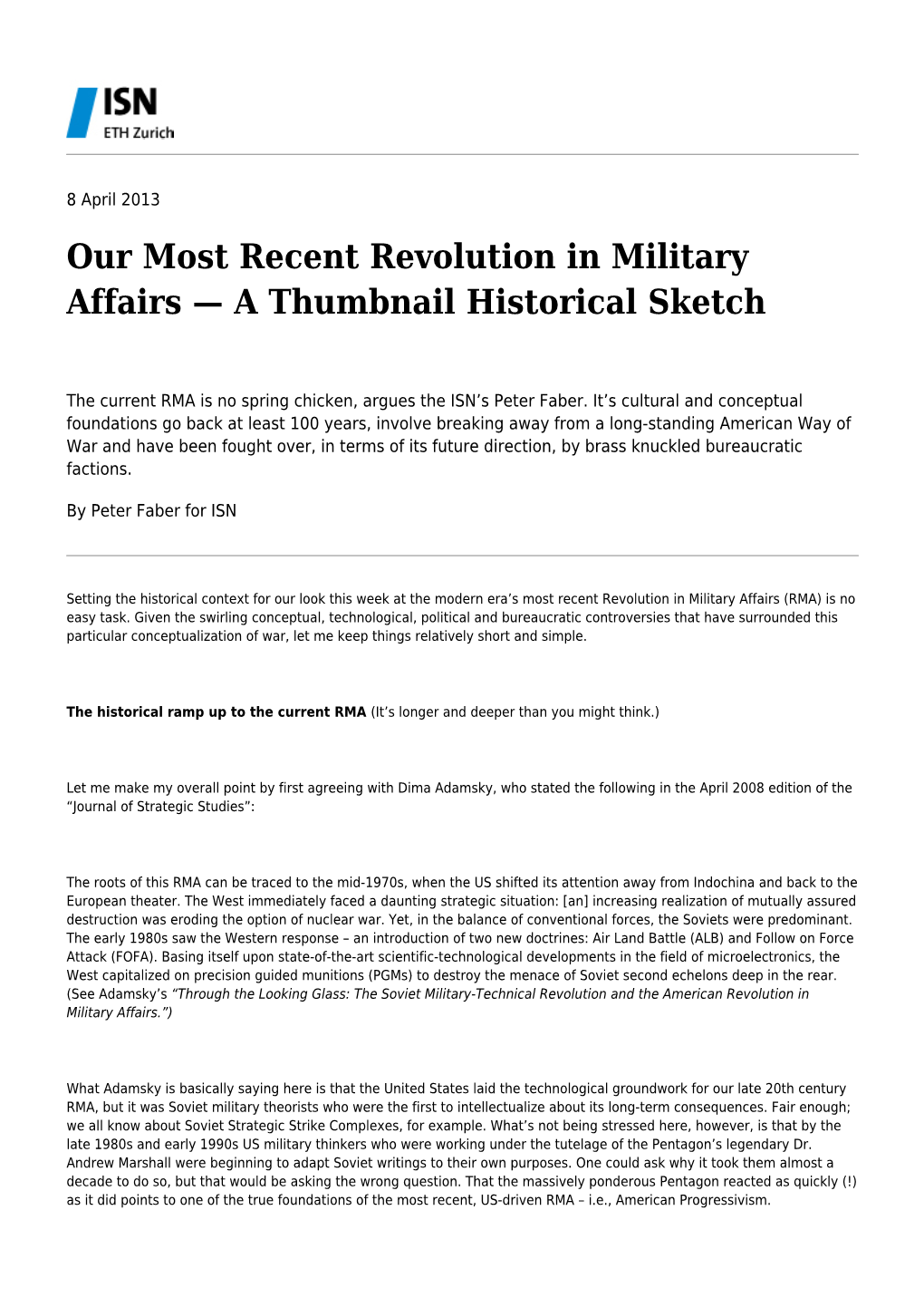 Our Most Recent Revolution in Military Affairs — a Thumbnail Historical Sketch