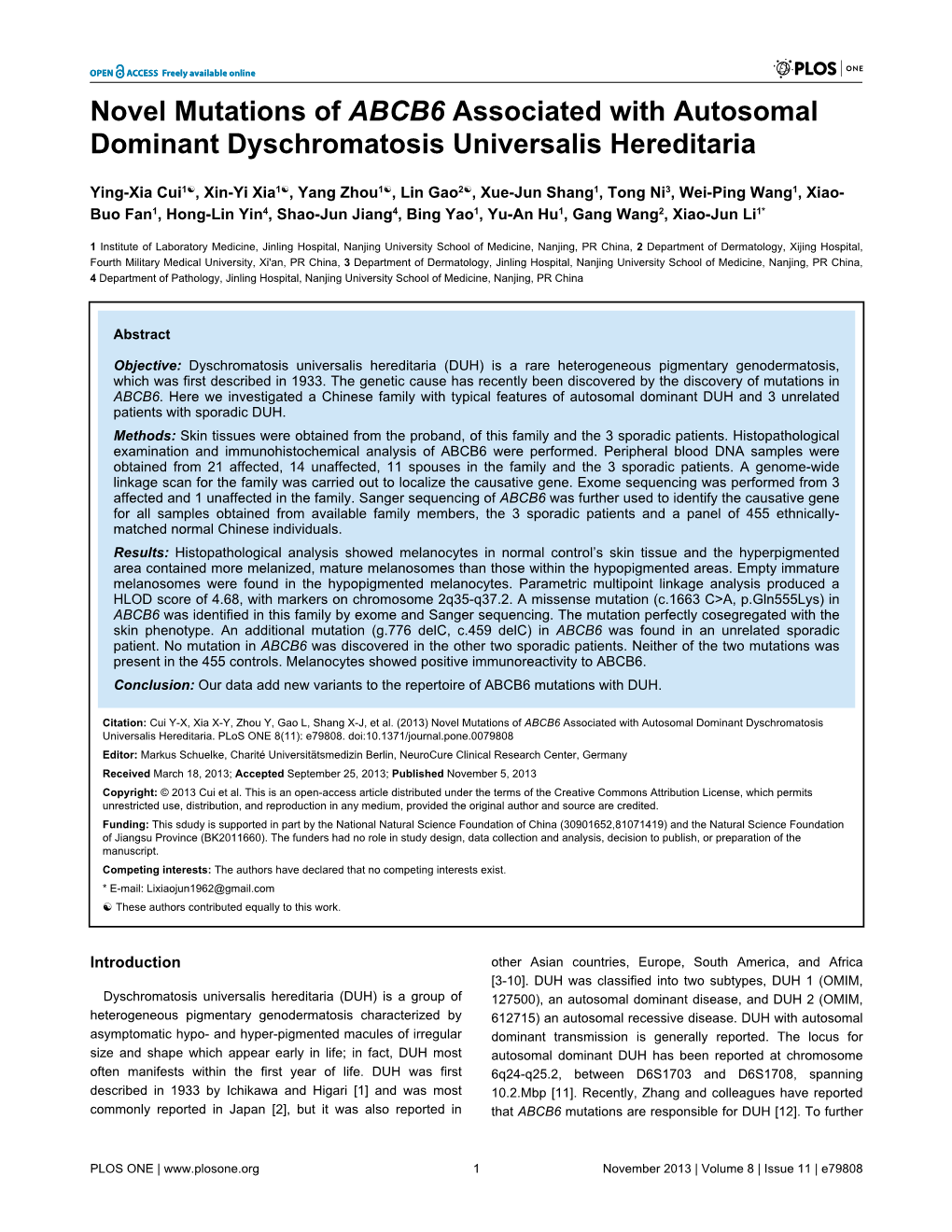 Novel Mutations of ABCB6 Associated with Autosomal Dominant Dyschromatosis Universalis Hereditaria