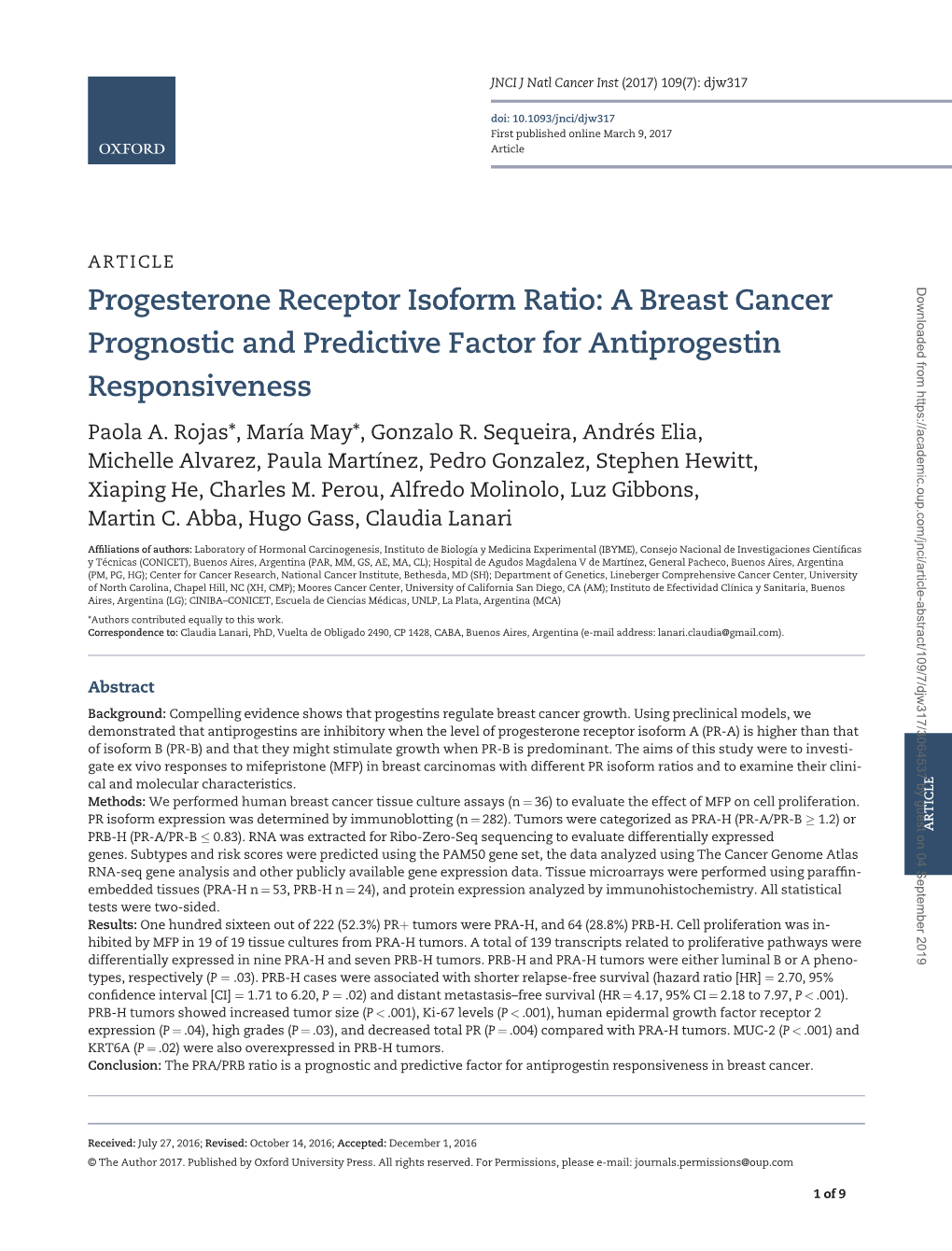 Progesterone Receptor Isoform Ratio: a Breast Cancer Prognostic and Predictive Factor for Antiprogestin Responsiveness Paola A