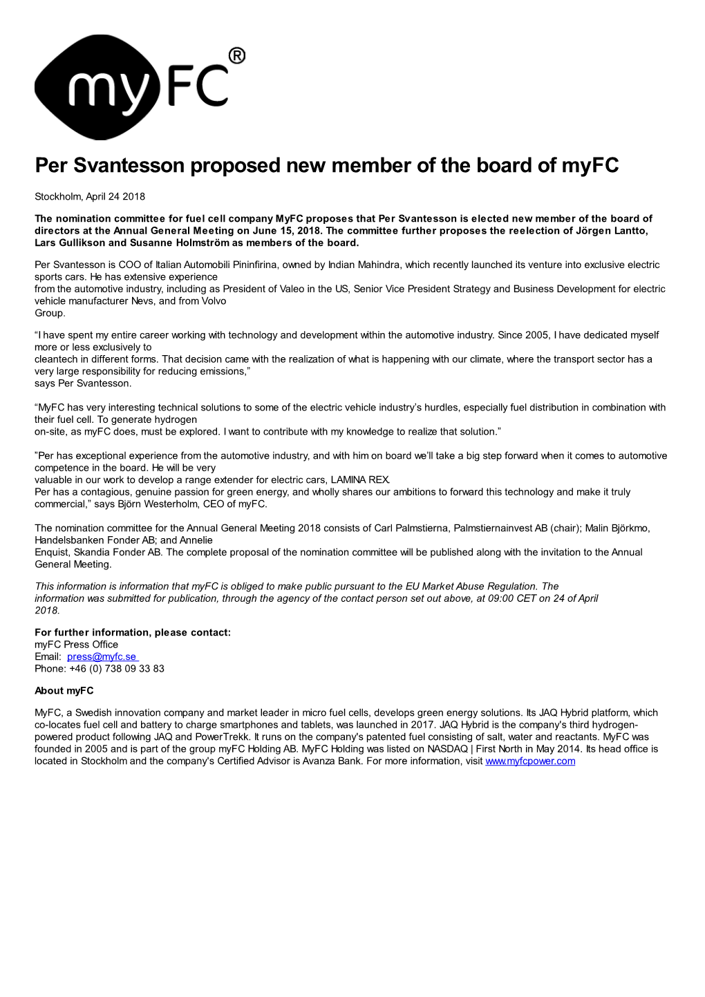 Per Svantesson Proposed New Member of the Board of Myfc