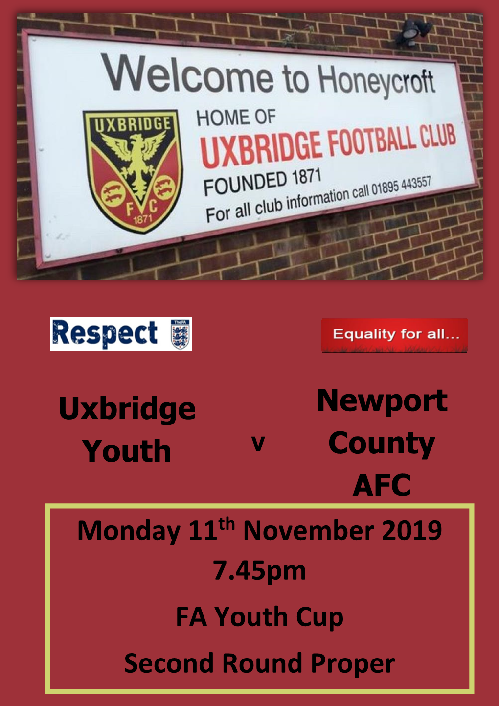 Monday 11Th November 2019 7.45Pm FA Youth Cup Second Round