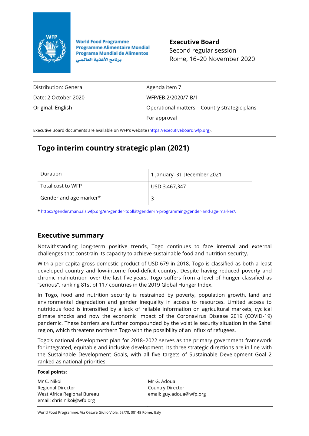Togo Interim Country Strategic Plan (2021)
