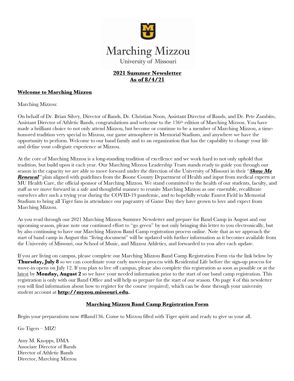 2021 Marching Mizzou Summer Newsletter