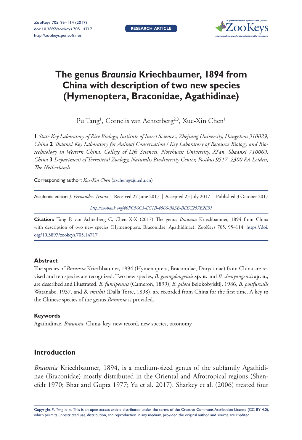 The Genus Braunsia Kriechbaumer, 1894 from China with Description of Two New Species (Hymenoptera, Braconidae, Agathidinae)