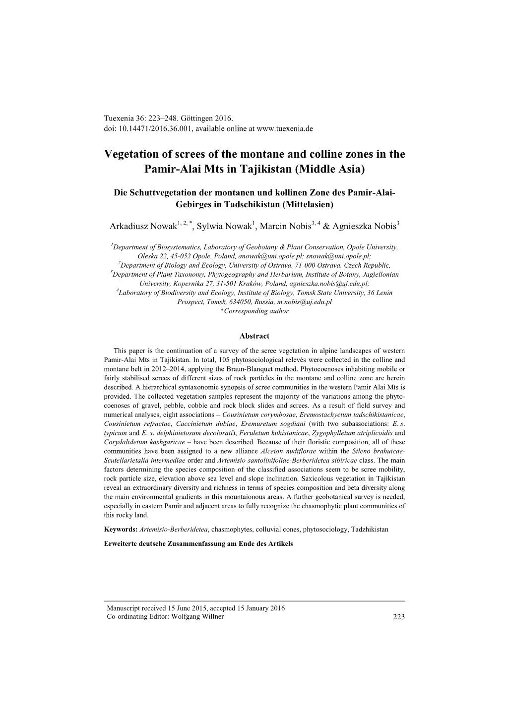 Vegetation of Screes of the Montane and Colline Zones in the Pamir-Alai Mts in Tajikistan (Middle Asia)