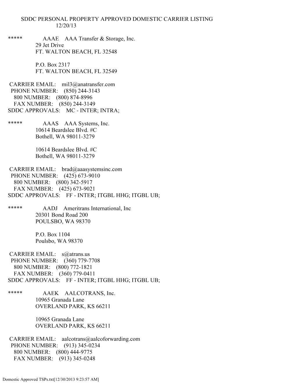 Domestic Approved Tsps.Txt[12/30/2013 9:23:57 AM] SDDC APPROVALS: MC - INTER;