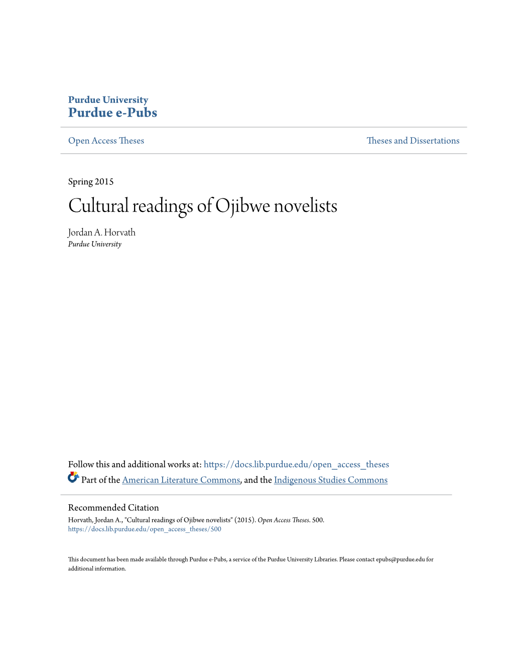 Cultural Readings of Ojibwe Novelists Jordan A