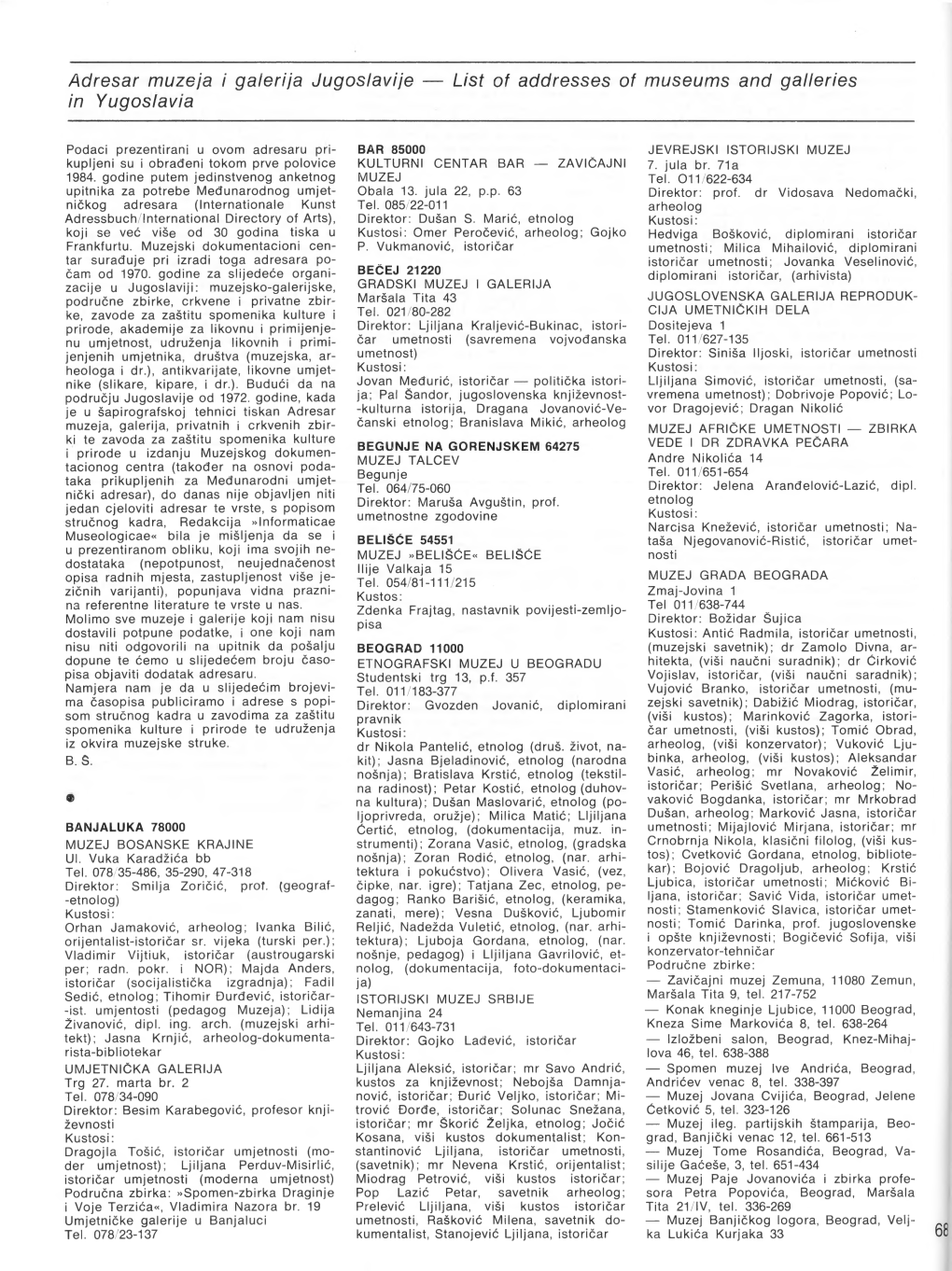 Adresar Muzeja I Galerija Jugoslavije — List of Addresses of Museums and Galleries in Yugoslavia