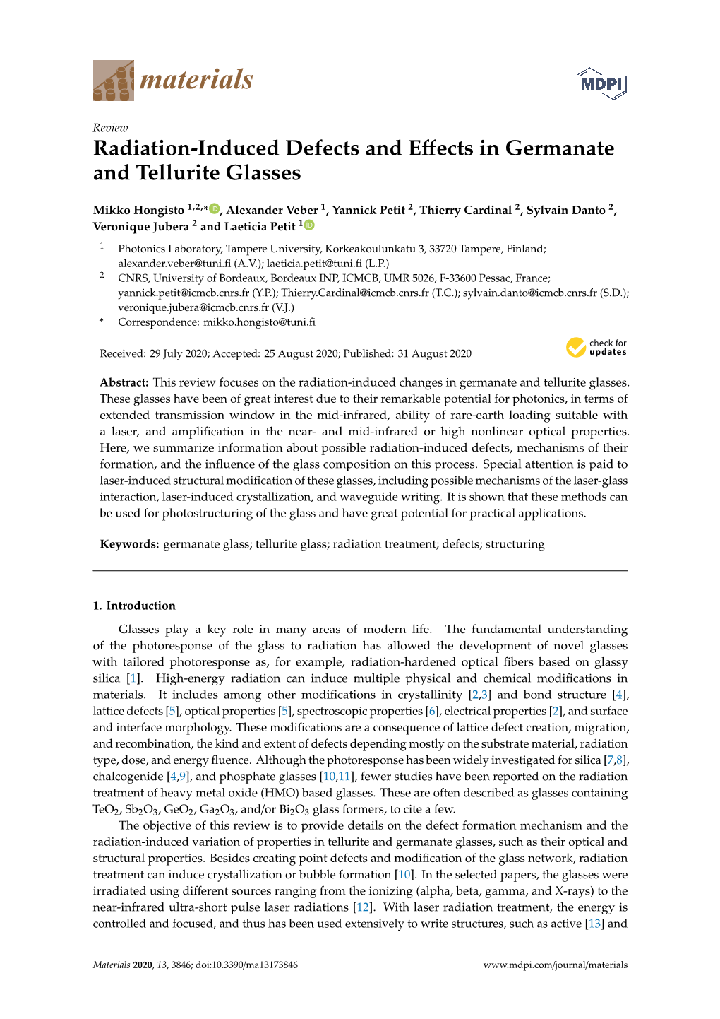 Radiation-Induced Defects and Effects in Germanate and Tellurite Glasses