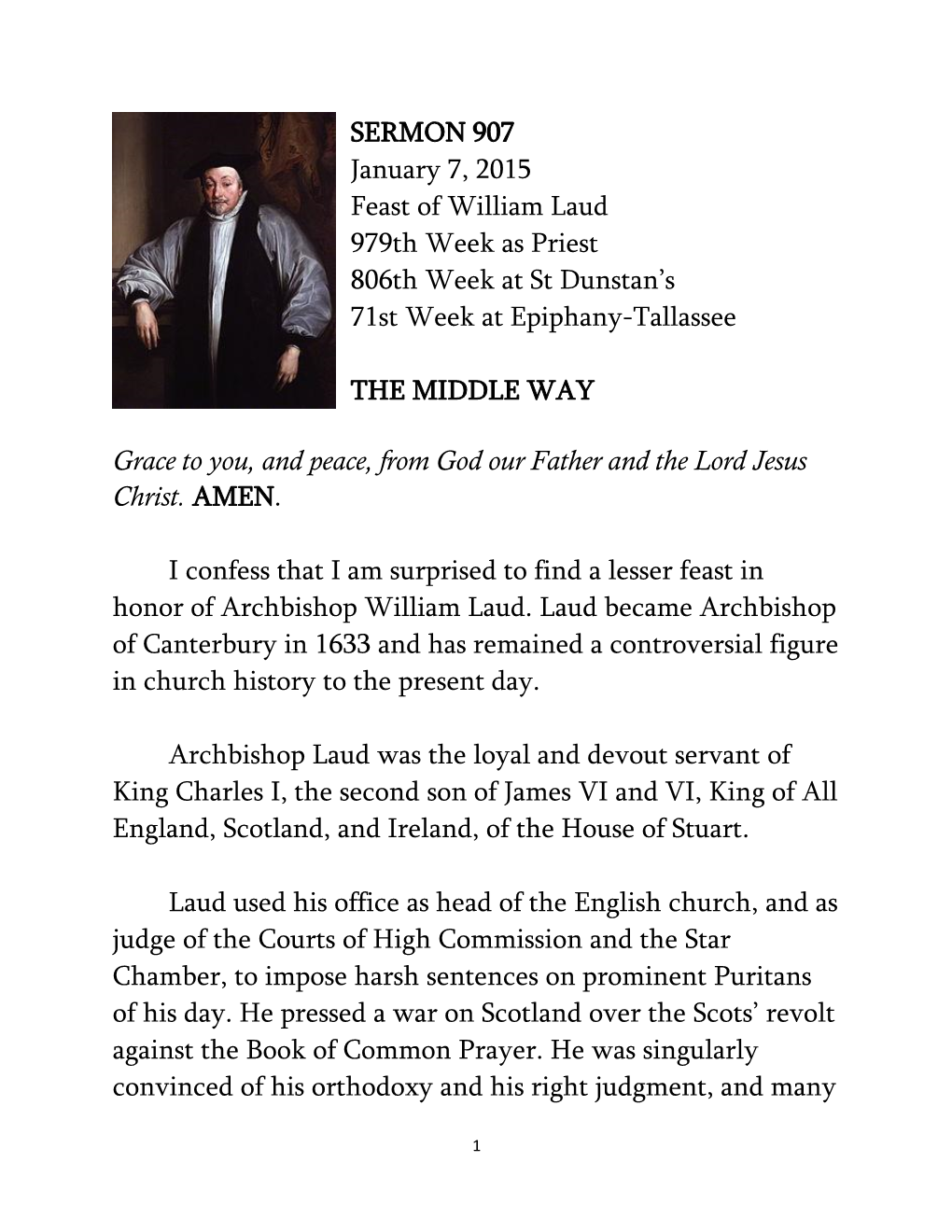 SERMON 907 January 7, 2015 Feast of William Laud 979Th Week As Priest 806Th Week at St Dunstan’S 71St Week at Epiphany-Tallassee