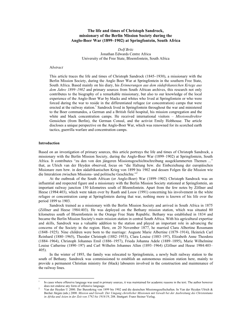 The Life and Times of Christoph Sandrock, Missionary of the Berlin Mission Society During the Anglo-Boer War (1899–1902) at Springfontein, South Africa