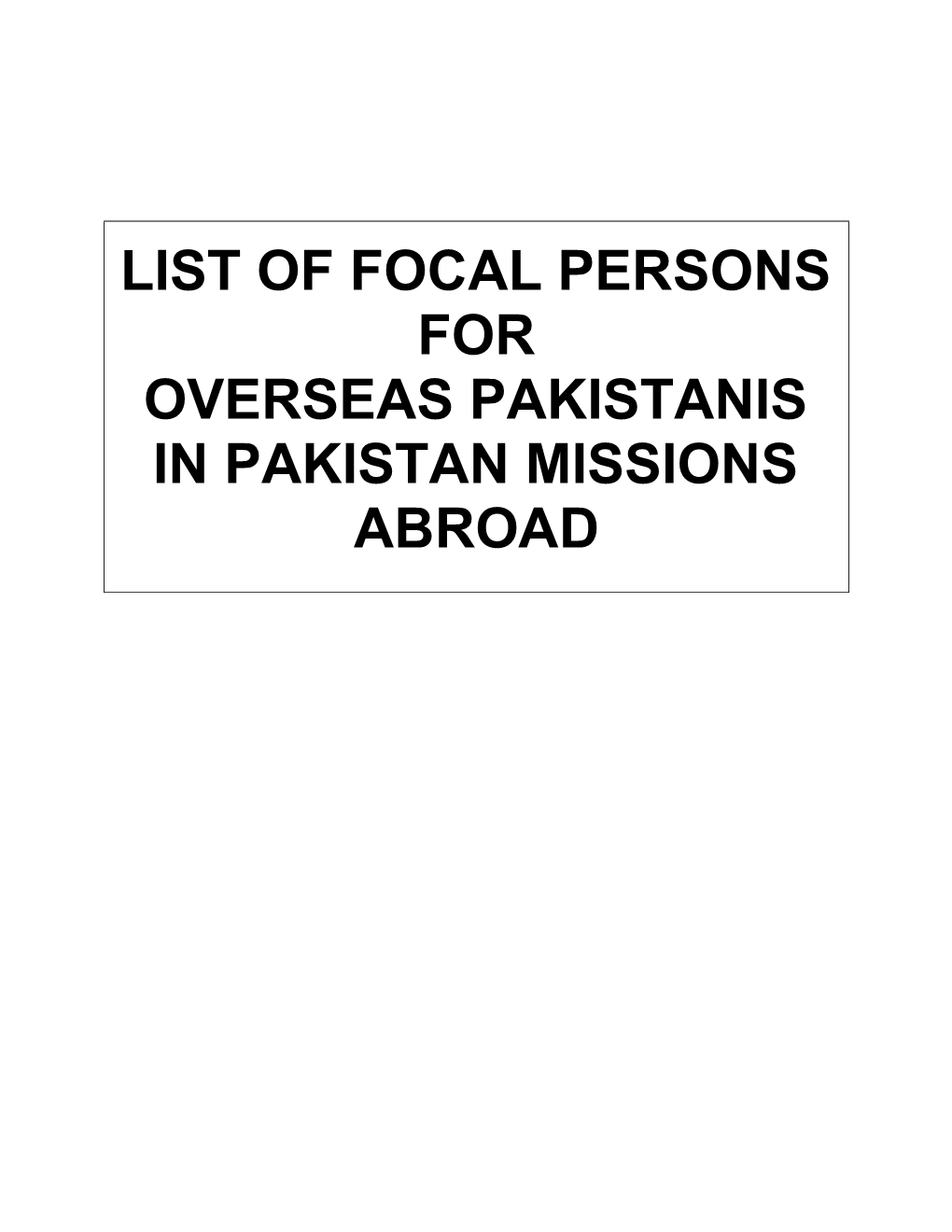 List of Focal Persons for Overseas Pakistanis in Pakistan Missions Abroad