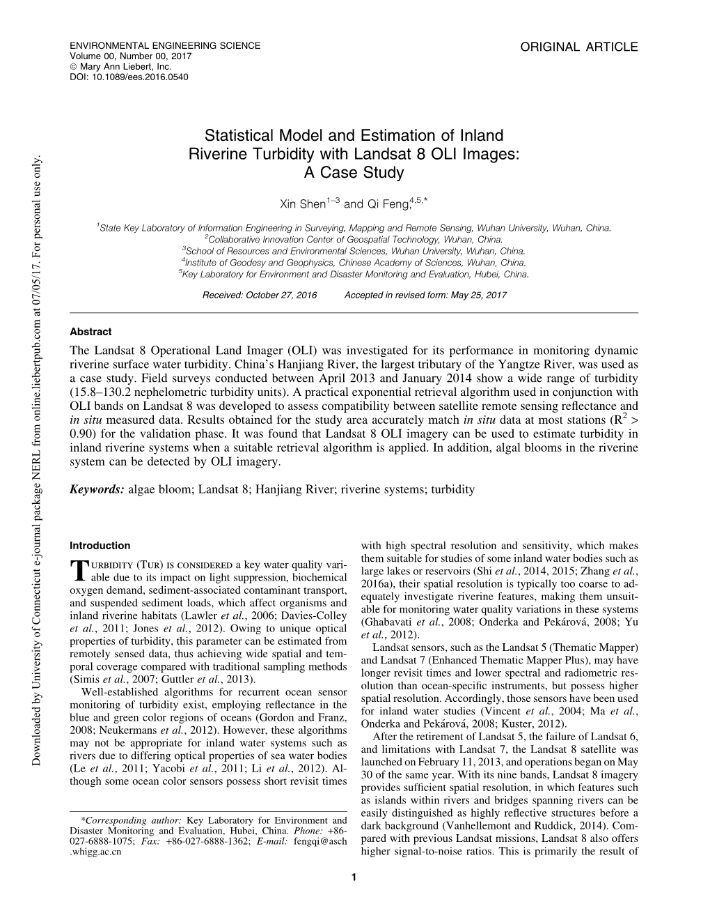 Statistical Model and Estimation of Inland Riverine Turbidity with Landsat 8 OLI Images: a Case Study