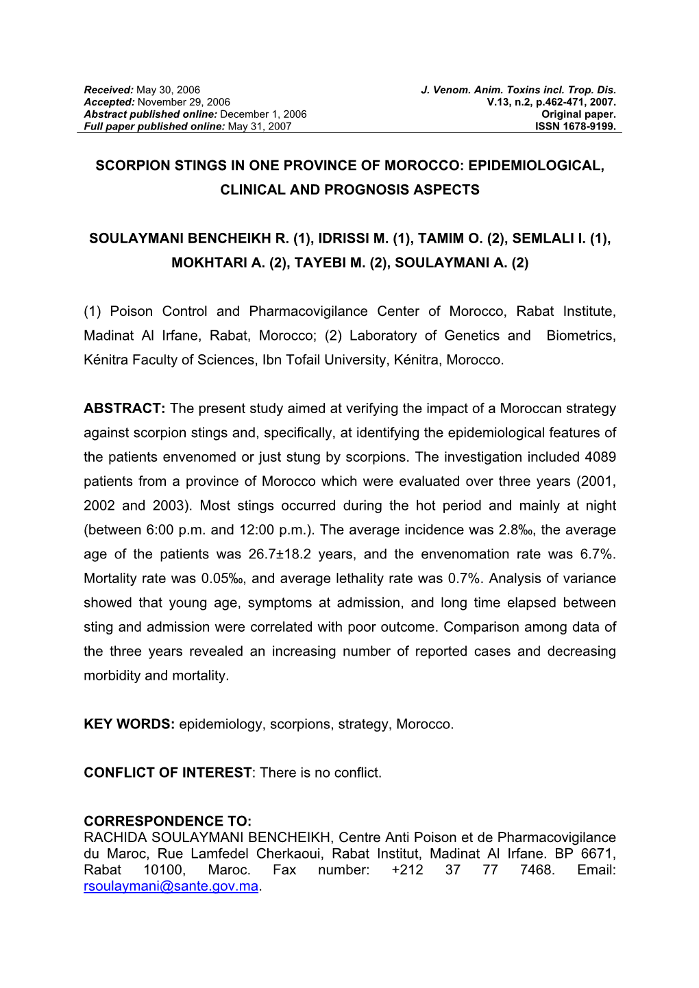 Scorpion Stings in One Province of Morocco: Epidemiological, Clinical and Prognosis Aspects