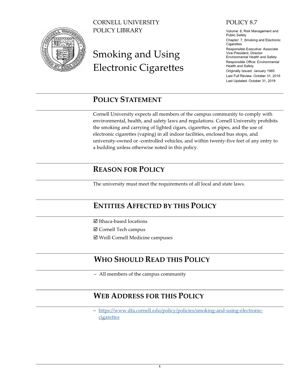 University Policy 8.7, Smoking And