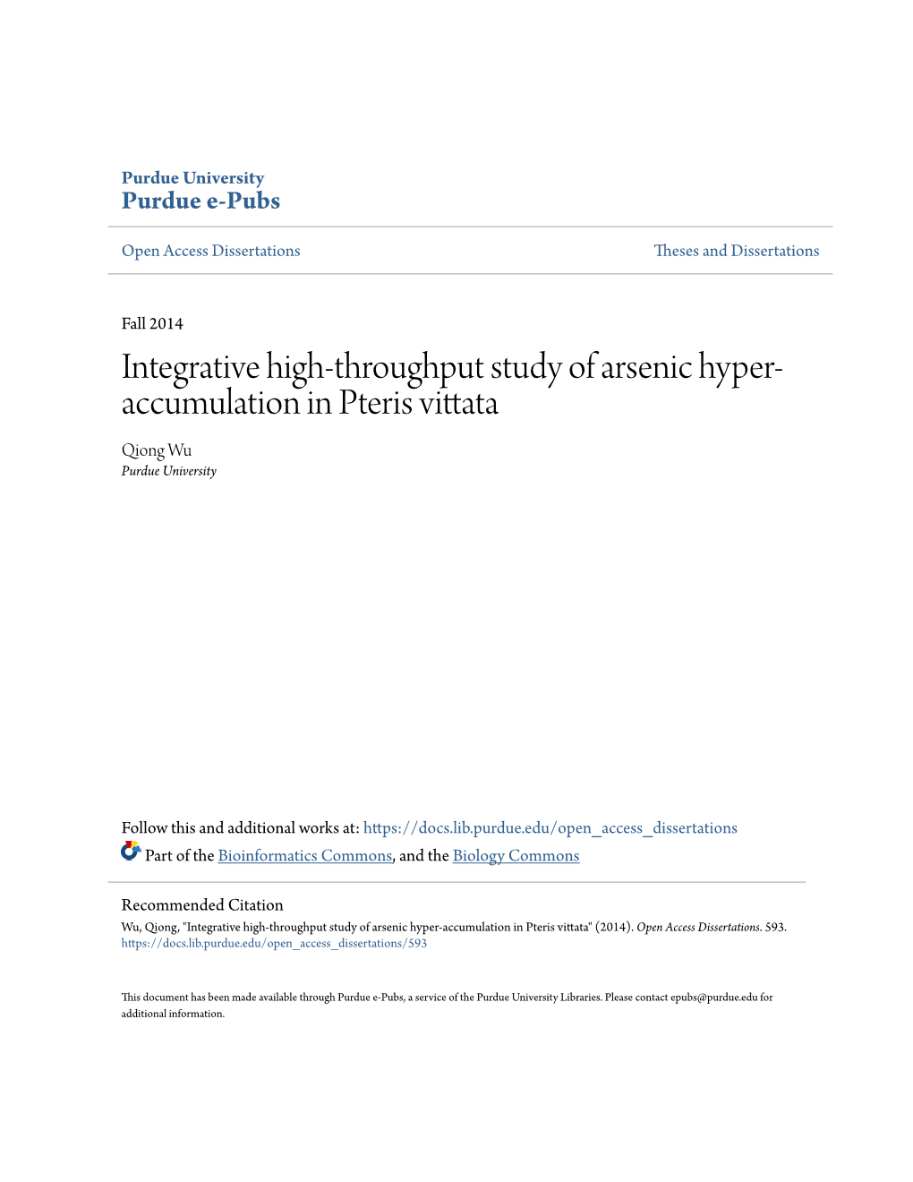 Integrative High-Throughput Study of Arsenic Hyper-Accumulation in Pteris Vittata