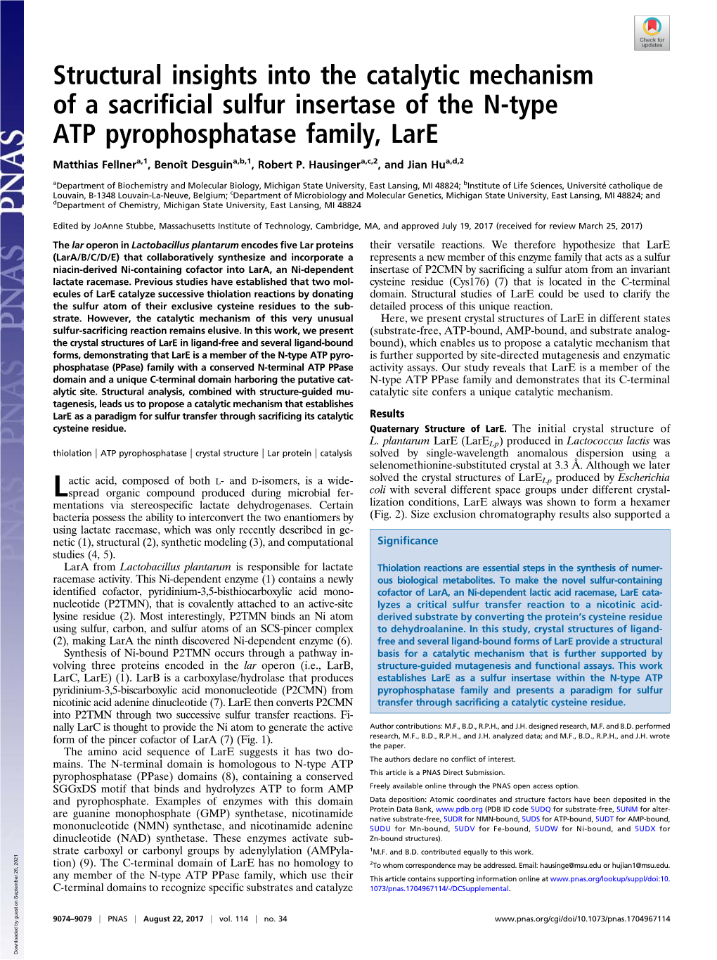 Structural Insights Into the Catalytic Mechanism of a Sacrificial Sulfur Insertase of the N-Type ATP Pyrophosphatase Family, Lare