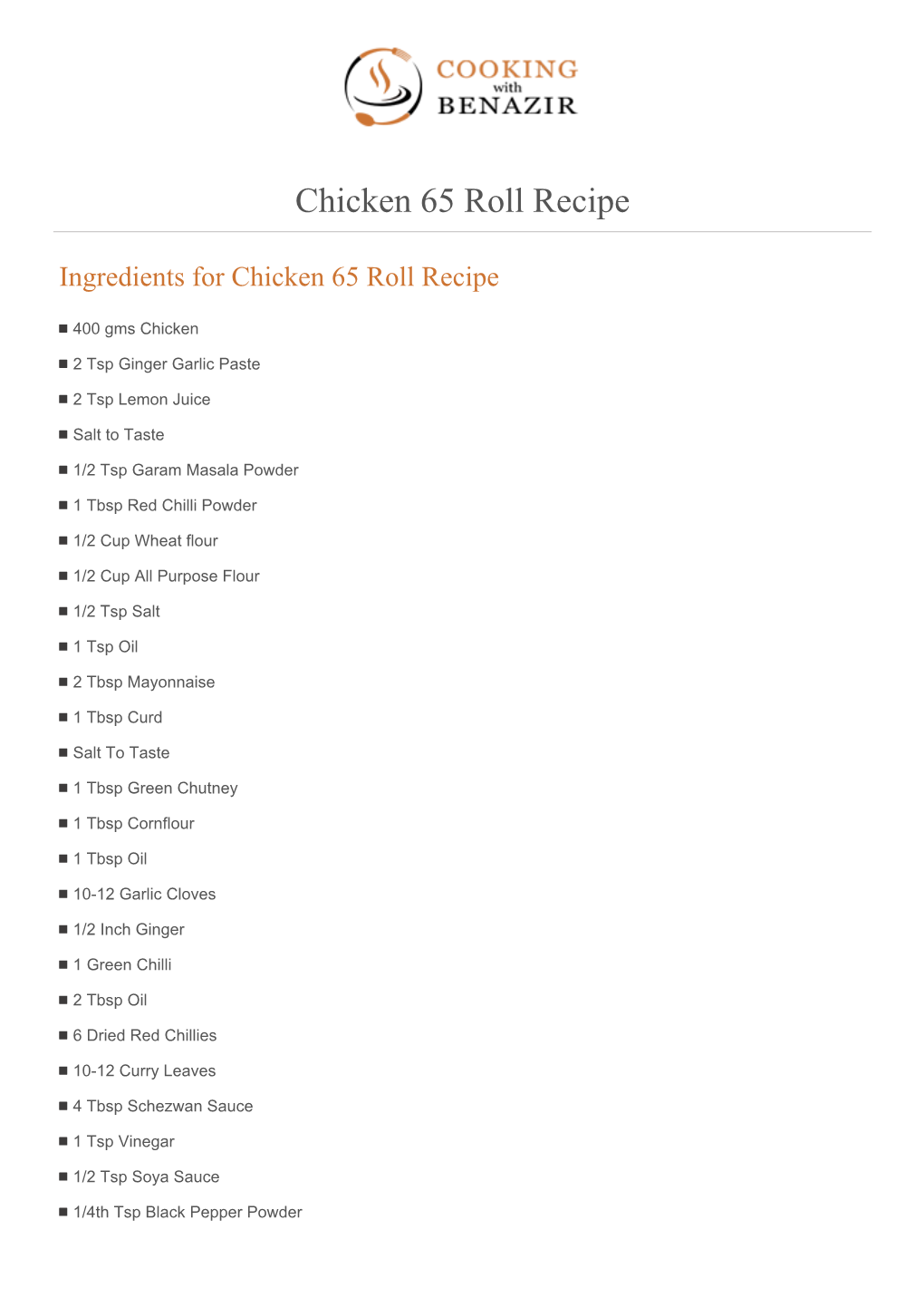 Chicken 65 Roll Recipe