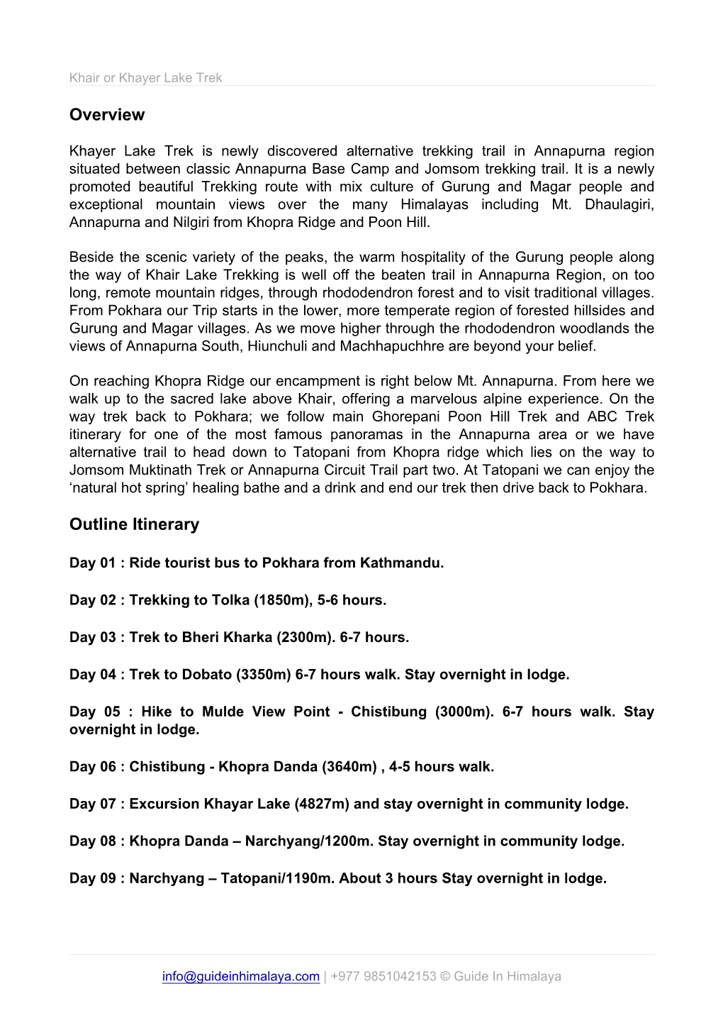 Overview Outline Itinerary