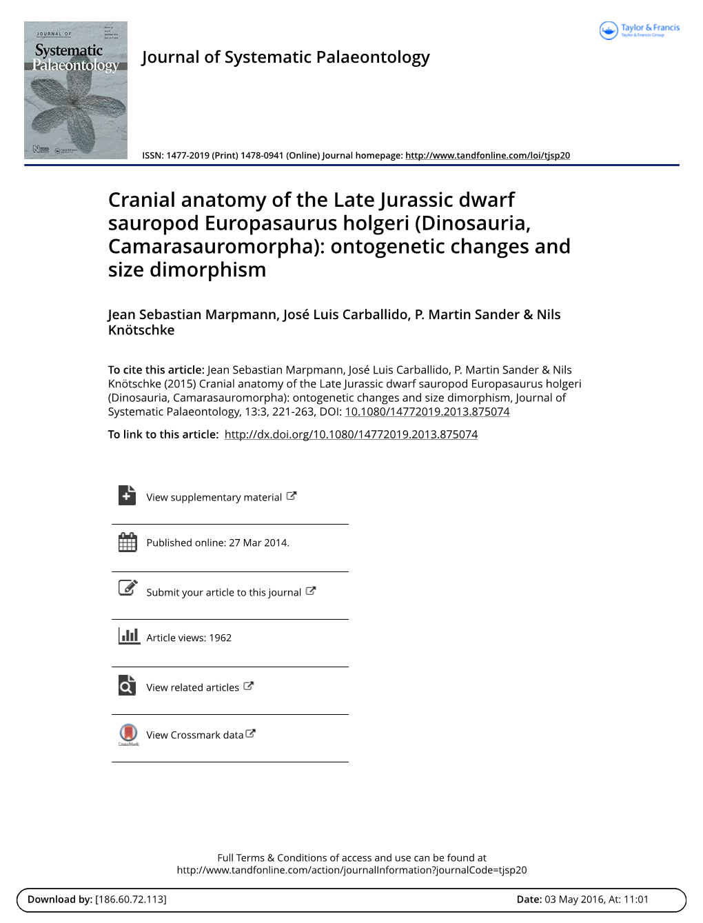 Cranial Anatomy of the Late Jurassic Dwarf Sauropod Europasaurus Holgeri (Dinosauria, Camarasauromorpha): Ontogenetic Changes and Size Dimorphism