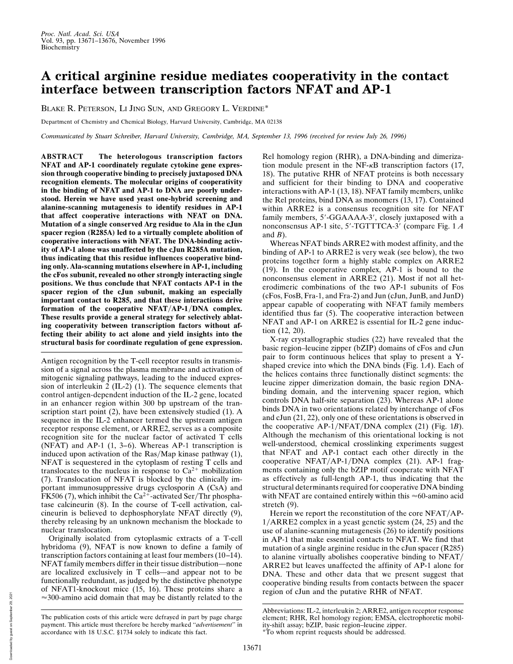 A Critical Arginine Residue Mediates Cooperativity in the Contact Interface Between Transcription Factors NFAT and AP-1