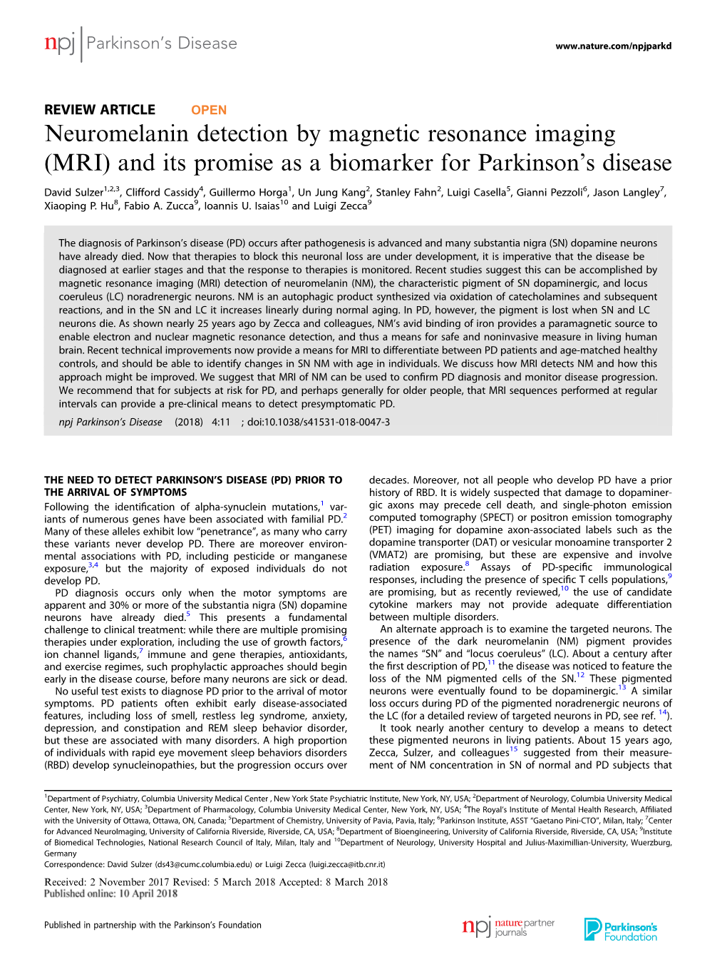 Neuromelanin Detection by Magnetic Resonance Imaging (MRI) and Its Promise As a Biomarker for Parkinson’S Disease