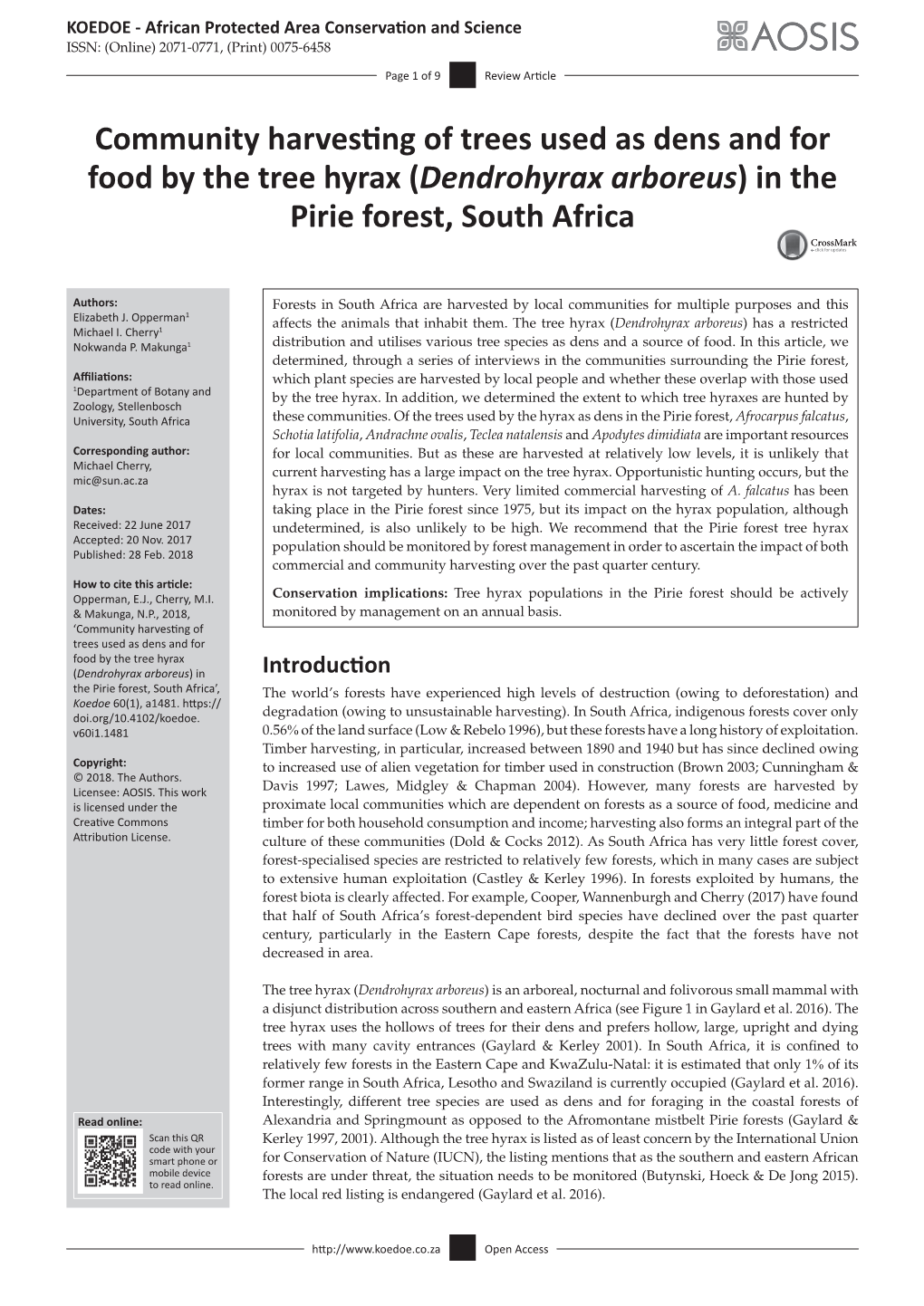 Community Harvesting of Trees Used As Dens and for Food by the Tree Hyrax (Dendrohyrax Arboreus) in the Pirie Forest, South Africa