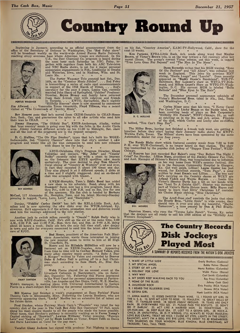 Cash Box , Music Page 51 December 21 , 1957 Country Round Up