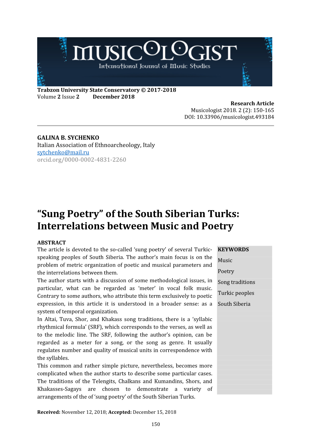 “Sung Poetry” of the South Siberian Turks: Interrelations Between Music and Poetry